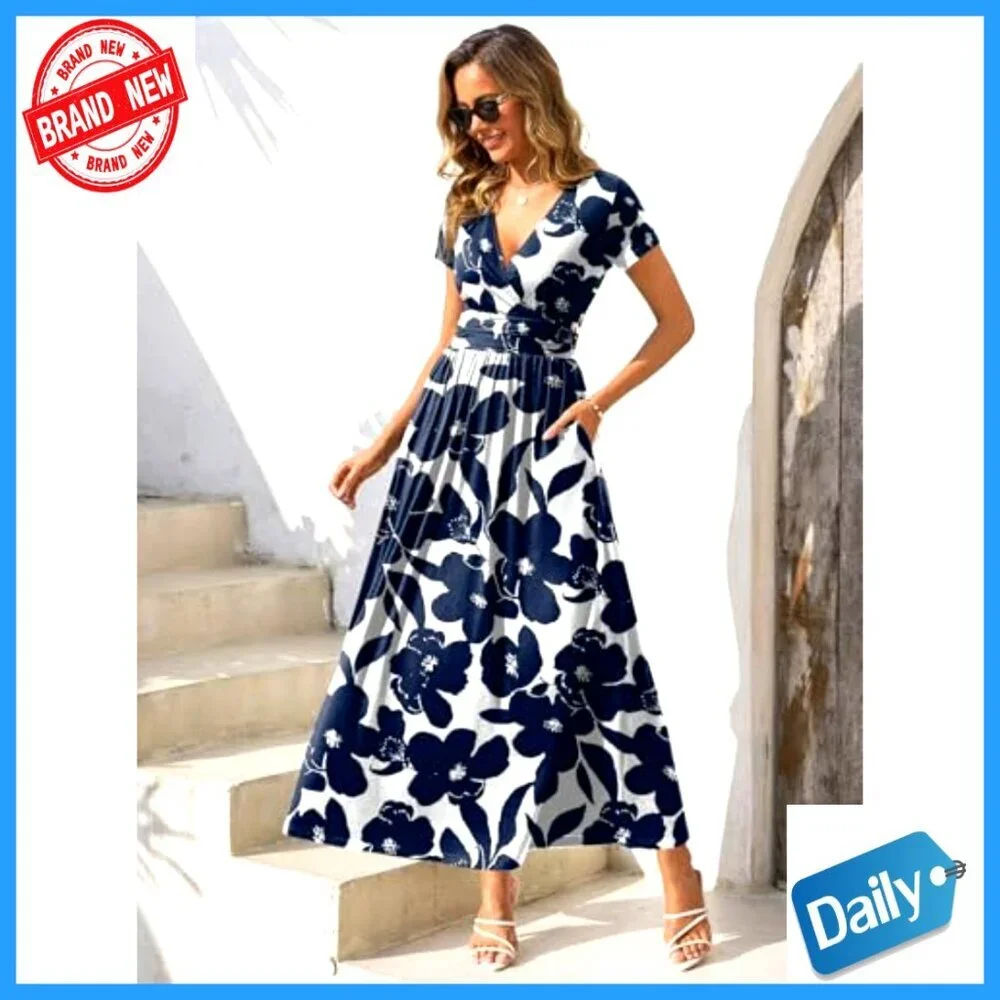 Summer Maxi Dress with Pockets V Neck Short Sleeve Flowy Casual Sundress - Picture 2 of 7